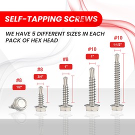 TEdBuilt Hex Head Self Tapping Screws for Metal – Stainless Steel – Pack of 120(#8x1/2, #8x3/4,#8x1,#10x1,#10x1-1/2)-5 Sizes Self Drilling Screws – Sheet Metal Screws – Corrosion & Wear Resistant