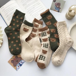5 pares de calcetines clásico Y2K lindos osos calcetines de algodón Gyaru estéticos para vestir al tobillo, accesorios preparados para niñas del centro, 6 pares, Talla única