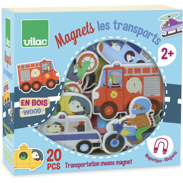 Vilac Transport Themed Wooden Magnets, Learning Made Fun, Includes Various Vehicles, 20 Piece Set, 2 Years+