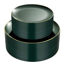 PULOTE 100PCS Green Plastic Plates - Green Disposable Plates With Gold Rim - Green Plates Disposable Include 50PCS Green Dinner Plates 10.25inch,50PCS Green Dessert Plates for Party&Christmas