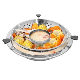 LINISHOP 17in Rotary Hot Pot Stainless Steel Hot Pot w/Divider 14in Filter Grid for 8-12 People Chinese Shabu Pot Lifting Hotpot Lifting Drainage Basket for Home Restaurant (Middle Pot w/Drain Hole)
