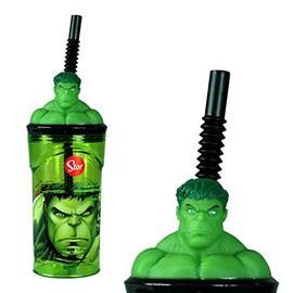 The Hulk 3D Figurine Plastic Tumbler Beaker with Flexi Straw - 360ml - 7cm Diameter x 14cm Height - Sturdy Novelty Enclosed Drinking Cup.