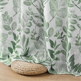 Ronaldecor Linen Curtains for Living Room 84 inch Length Leaf Print Botanical Sheer Curtains Natural Texture Soft Touch Light Filtering Privacy Protect Drapes, Green, 55" Wide, Set of 2 Panel