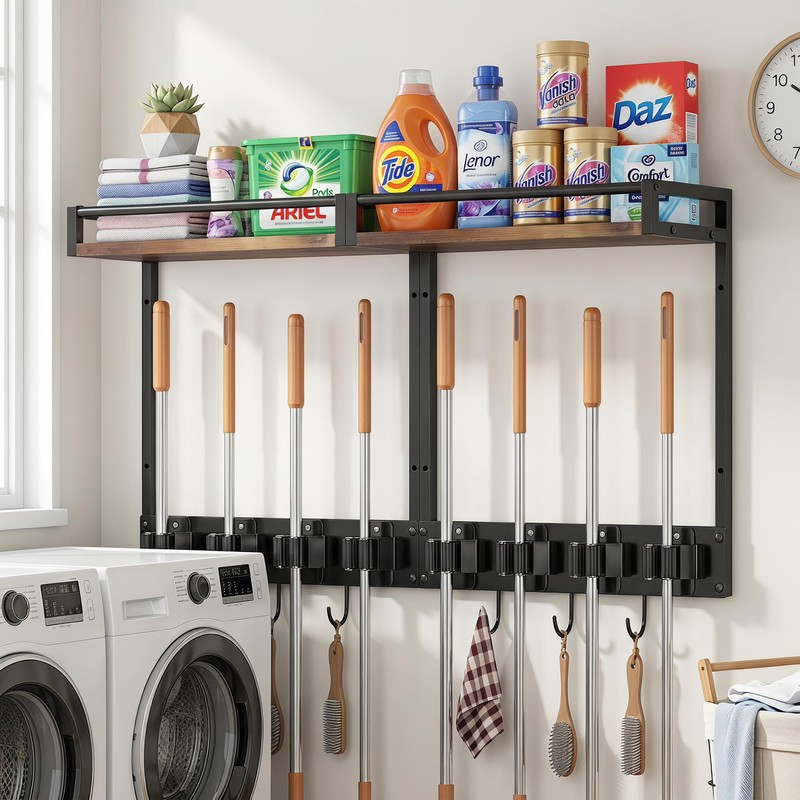 FLOUREE 2 Packs Broom Holder Wall Mount with Shelf Load