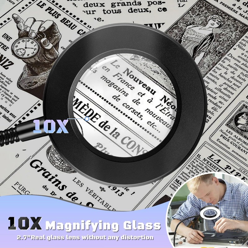 10X Magnifying Glass with Light, Clip on Mganifier with Light,