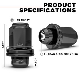 White Knight M12 x 1.50 (Black Chrome) Factory Style Long Mag (1.87" Height) Lug Nut with Washer for Select Toyota and Lexus, 5307LBK-24AM (24 Pack)
