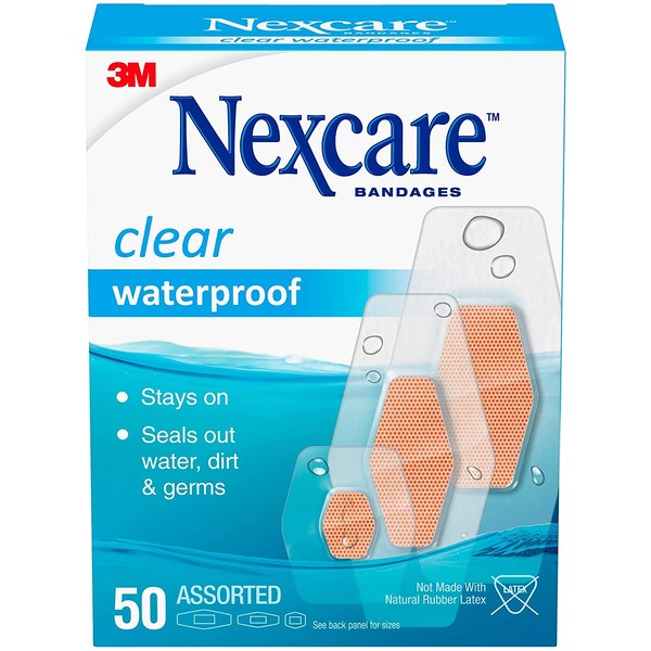 Nexcare Waterproof Bandages, Family Pack, Clear, Assorted Sizes, 50 count (Pack of 4)