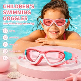 Kids Swim Goggles with Earplugs – Anti-Fog Waterproof Large Frame Glasses for Pool & Beach