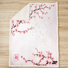 Homemissing Cherry Blossoms Fleece Throw Blanket Girly Pale Pink Blossom Petal Sherpa Blanket for Kids Girls Women Watercolor Floral Fuzzy Blanket for Sofa Bed Japanese Style,Single 50x60 Inch