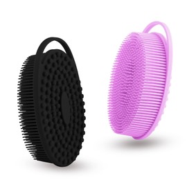 2 Pack Silicone Body Scrubber with Loofah Exfoliating Soft Body Shower Scrubber for Body, 2 in 1 Bath and Shampoo Wash Brush for Skin Exfoliation Men Women (Purple&Black)