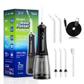 SEAGO Water Dental Flosser Cordless for Teeth, 5 Modes and 7 Nozzles, Dental Water Flosser 300ML, DIY Mode Memory Function, IPX7 Waterproof Dental Flosser, SG8019 Black