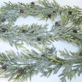 Winlyn 6' Artificial Frosted Christmas Pine Garland with Pine Cones Glitter Winter Greenery Garland for Christmas Winter Wedding Holiday Table Runner Centerpiece Doorway Season Mantel Decor