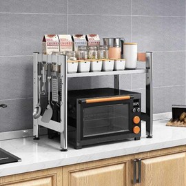 ILWorkTLs 2-Tier Adjustable Microwave Stand,Stainless Steel Microwave Oven Rack with 4 Hooks,Expandable Countertop Organizer Shelf for Kitchen,Silver