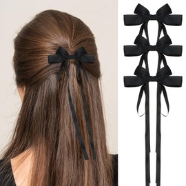 Ondder 3 Pcs Black Hair Bows for Women Satin Bow Hair Clips Long Tail Bows for Hair Big Hair Bows Hair Clip Barrettes Ribbon Bows for Hair Satin Bow Aesthetic Hair Accessories for Women Girls