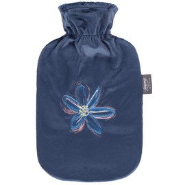 Fashy Hot Water Bottle 2.0 L with Fleece Cover and Flower Embroidery Navy
