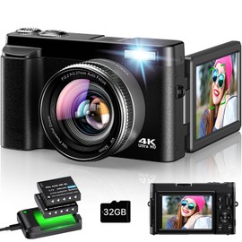 VAHOIALD 4K Digital Camera for Photography - Autofocus 48MP Vlogging Camera for YouTube with 3' 180Flip Screen - 16X Digital Zoom, Anti-Shake Camera for Vlogging with SD Card, 2 Batteries & Charging Stand ?