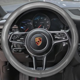 HAOKAY Top Grade Gray Genuine Leather Steering Wheel Cover Men Women, Luxury Steering Wheel Cover for Cars, SUVS and Trucks, Universal 14.5-15 inch