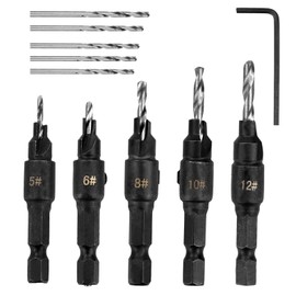 Countersink Drill Bit Set, 5 Piece Counterbore Drill Bit Set, Adjustable Depth, with Wrench, Removable, for use with #5, 6, 8, 10 and 12 Screws, for Metal, Wood and Plastic