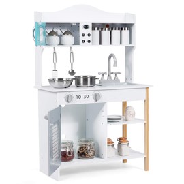 ARLIME Kids Kitchen Playset, Wooden Toy Toddler Kitchen w/ Simulated Sound, Accessory Utensils, Blackboard, Sink, Stovetop, Cabinets, Pretend Play Kitchen for Boys Girls