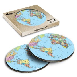 2 x Round Coasters - World Map Globe Earth Geography Cork Backed MDF Glossy Tea Coffee Accessory #170943