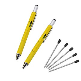 Multifunction Tool Pen, 6 in 1 Tool with Ballpoint Pen, Touch Screen Stylus, Ruler, Spirit Level, Flat-head and Phillips Screwdriver, All-in-One Tech-Tool Pen with Ink Refills (2ÃYellow + 5ÃRefills)