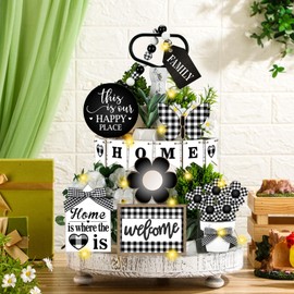 FairySandy 11 Pcs Spring Tiered Tray Decor Set Home Sign Rustic Black & White Plaid Wooden Table Decor Farmhouse Vintage Wood Tiered Tray Decorations for Kitchen Shelf