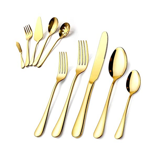 OGORI 45-Piece Gold Silverware Set for 8, Stainless Steel Flatware Set with Serving Set, Cutlery Set, Mirror Polished, Serving Utensils Spoon for Kitchen Party Supply