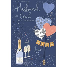 Husband On Our Coral 35th Champagne Hearts Happy Anniversary Card Lovely Verse