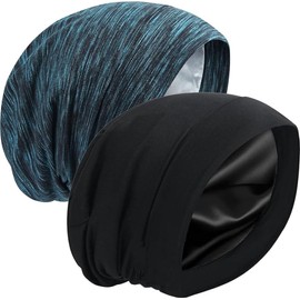 Gorro de satén con forro de seda, cubierta ajustable para el cabello, gorro de noche con encrespado, protección del cabello, cuidado de los pacientes (negro y azul lago)