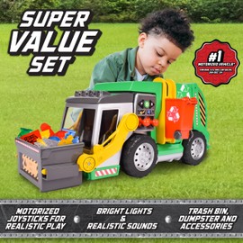 Maxx Action Large Motorized 19" Maxx Action Garbage Truck Toy Set with Lights and Sound Includes Dumpster, Trash Bin and Miniature Trash Pieces for Kids