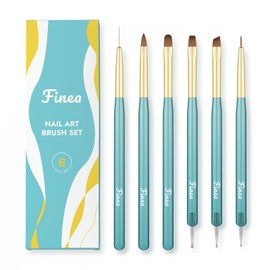 Finea Nail Art Brushes and Dotting Tools 6pcs Set for Builder Gel Polygel Gel Polish Paint Design with Flat, Round, Thin Liner, French Tip, Small Detail Painting, 3D Acrylic Flower Brushes, Gold Blue