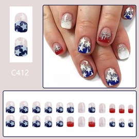 Tyuimhx 4th of July Press on Nails Short Square Independence Day Fake Nails Red Blue White French Tip False Nails With Glitter Star Designs Full Cover Stick on Nails Patriotic Nails for Women 24Pcs