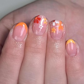 Flower Press on Nails Short Oval Fake Nails Orange False Nails Press ons with Floral Design - Reusable Acrylic Nails Glossy Full Cover Artificial Stick on Nails for Women Manicure 24 Pcs