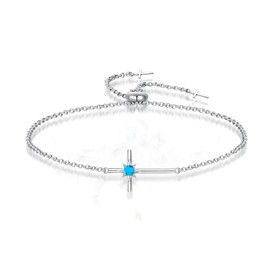 LOCIBLO December Birthstone Bracelets for Women 925 Sterling Silver Blue Synthetic Turquoise Bracelet White Gold Octopus Star Cross Pendant Crucifix Jewellery for Her, 8"