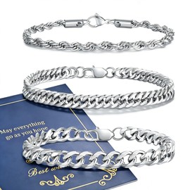 NUKAYAI Stainless Steel Bracelets for Men, Stainless Steel Bracelet Mens Set 7.5 Inches 3 Pcs Chain Cuban Link Heavy Metal Bracelets Sterling Silver Bracelet for Men Him