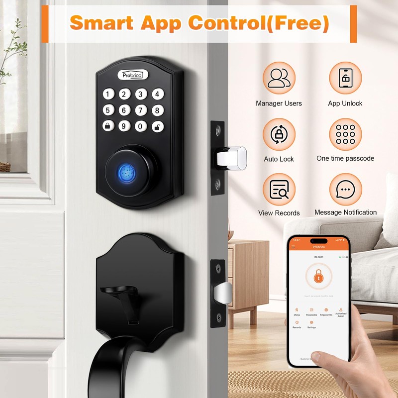 Probrico Fingerprint Keyless Entry Door Lock with Handle, Smart Front