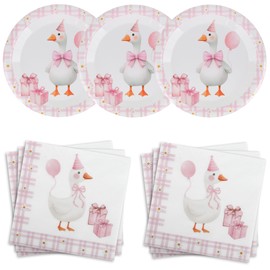 40 Pcs Pink Goose Birthday Party Plates and Napkins Set,Funny Goose Baby Shower Party Disposable Animals Theme Party Decorations