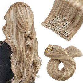 Moresoo Clip in Hair Extensions Human Hair Highlights Blonde Real Hair Extensions Clip in Human Hair Dark Ash Blonde with Golden Blonde Doubl Weft Clip on Hair Extensions Human Hair 7pcs/120g 18inch