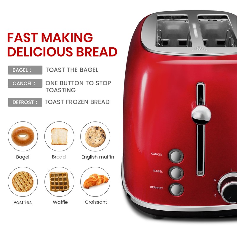 Roter Mond 2 Slice Toaster Retro Stainless Steel with Bagel,