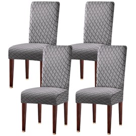LANSHENG Dining Chair Covers Set of 4, Stretch Dining Chair Protector Slipcovers Jacquard, Elastic Removable Washable Chair Seat Cover for Dining Room Kitchen Banquet Restaurant Home, Light Grey