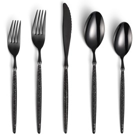 Lemeya 20-Piece Hammered Black Silverware Set,18/10 Stainless Steel Forging Heavy Duty Cutlery Set for 4, Luxury Unique Flatware Set,Spoons and Forks Set,Mirror Polished,Dishwasher Safe