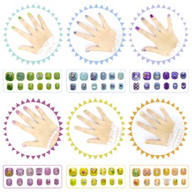 Hohotti Press on Nails for Kids Kit Acrylic Artificial Fake Nail Tips Set 6 Packs (72pcs) with 3D Diamond Children Cute Full Cover Short False Nails Great Gift for Little Girls