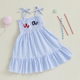 4th of July Toddler Baby Girl Outfit USA Dress Bowknot Halter Fouth of July Dresses Girls 4th of July Clothes (Striped Blue USA, 5-6 Years)