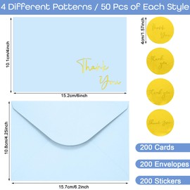Motiskyy 200 Set Gold Foil Thank You Cards With Envelopes & Foil Stickers Bulk 4 Minimalistic Designs Blank Thank You Notes 4 x 6 Inch for Baby Shower,Bridal Shower, Wedding, Graduation (Blue)