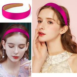 Atoden Hot Pink Headband Satin Headbands for Women Girls 1.18 Inch Wide Thin Hard Headbands Non Slip Ribbon Hair Bands Plain Headbands for Crafts DIY Costume Holiday Christmas Valentines Gifts