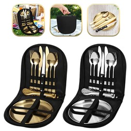 10pcs set of portable knife, fork, spoon, plate, steak clip set, camping picnic, two-person tableware package, outdoor stainless steel tableware set