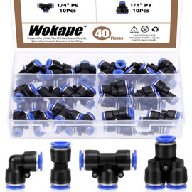 Wokape 40Pcs Push to Connect Fittings Pneumatic Fittings Kit 4 Style PE PU PY PV 1/4 Inch Quick Connect Air Hose Fittings Quick Release Pneumatic Push, 10 Spliters+10 Elbows+10 Tee+10 Straight