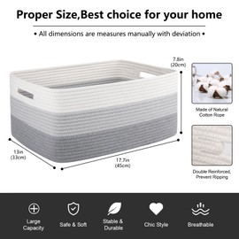 OIASKET Storage Basket for Organizing, Woven Rope Basket for Shelves, Closet Organizer Bins for Clothes, Blanket, Towels, Baby Nursery Storage, 17.7" x 13" x 7.87", 2 Packs Gradient Grey