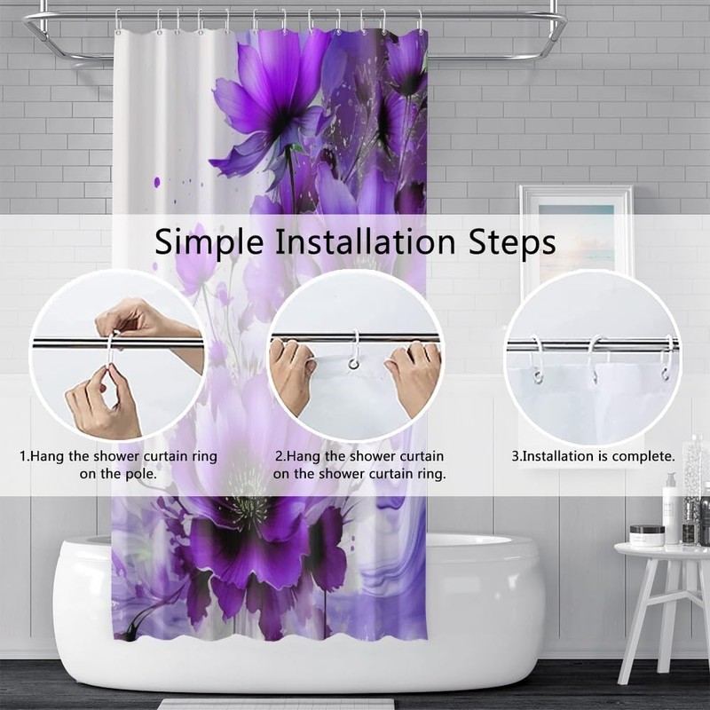 Uiiooazy Purple Floral Shower Curtain Set for Bathroom 72" Wx72