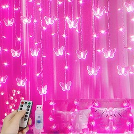 Lainin 12ft/3.5M USB Powered 8 Modes Butterfly Curtain Night Light Strip Icicle Fairy String Light, Perfect for Room Garden Wall Christmas Wedding Indoor/Outdoor Party Decoration (Pink)
